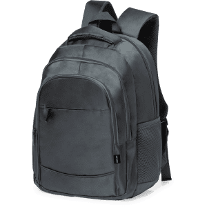 A grey backpack with a front pocket, two side mesh pockets, and padded shoulder straps, featuring a logo.
