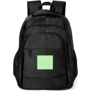 A black backpack featuring multiple compartments and a logo, with a distinct green patch on the front.