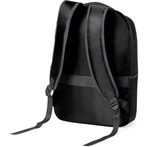 A black backpack featuring adjustable straps and a sleek design, with a side mesh pocket.