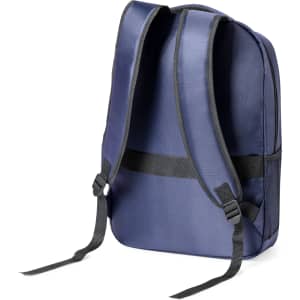 A navy blue backpack featuring padded shoulder straps and a sleek, modern design. It has a logo on the exterior.
