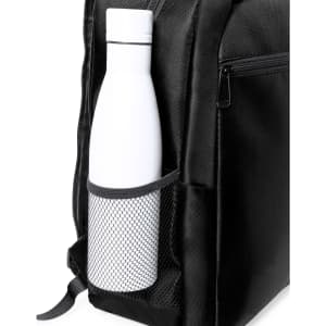 A white drink bottle sits in a black backpack's side mesh pocket, featuring a zip closure and branding.