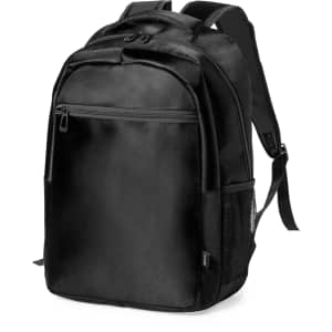 A black backpack with adjustable straps, featuring a front zip pocket and a mesh side pocket. It has a minimalist design and logo.