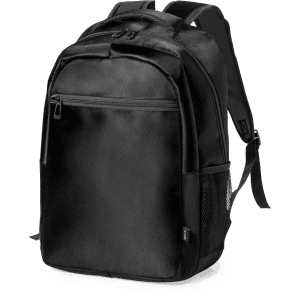 A black backpack featuring a front zip pocket and side mesh pocket, with adjustable straps and a logo.