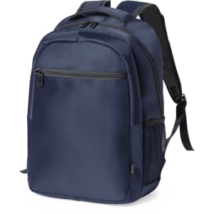 A navy blue backpack with multiple compartments, including a front zip pocket and side mesh pocket. It has a logo visible.