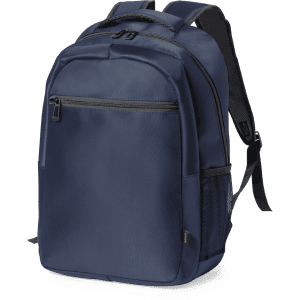 A navy backpack with a front zip pocket, side mesh pocket, and padded shoulder straps. It features a logo.