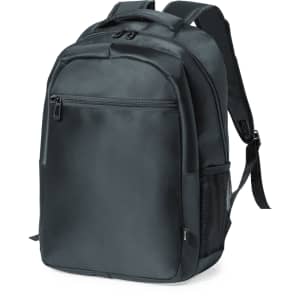 A sleek black backpack with multiple compartments, adjustable straps, and a mesh side pocket. Features a logo.