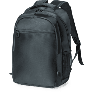 A black backpack with a front zippered pocket, side mesh pocket, and adjustable straps. It features a logo.