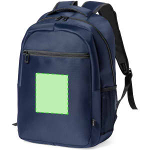 A navy blue backpack featuring a front zip pocket and mesh side pocket, with a blank patch for customization.
