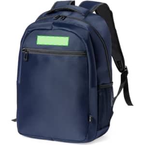 A navy blue backpack featuring a front zip pocket, side mesh pocket, and adjustable straps. It has a logo prominently displayed.