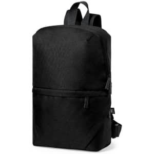 A black backpack with a sleek design, featuring adjustable straps and multiple zippered compartments.