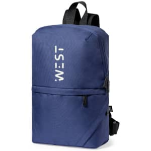 A navy blue backpack with a zippered compartment and a logo on the front.