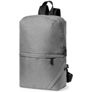 A grey backpack with a sleek design, featuring adjustable straps and a small logo on the front.