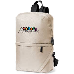 A light beige backpack with black straps and a logo on the front. Features multiple compartments.