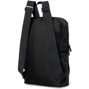 A black backpack with adjustable straps and a zippered pocket on the side, featuring a logo.