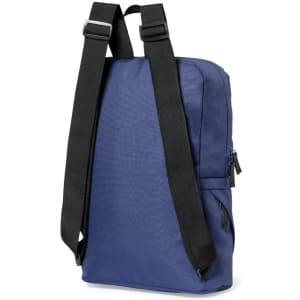 A navy blue backpack with black straps and side pockets, featuring a simple design and a logo.