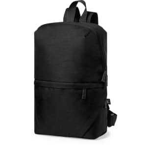 A black backpack with adjustable straps, a front pocket, and a sleek, minimalist design. It features branding.