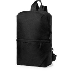A black backpack with a sleek design, featuring zippers and adjustable straps, along with a logo.