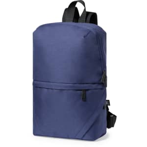 A navy blue backpack with adjustable straps and a zippered front pocket, featuring a logo on the side.