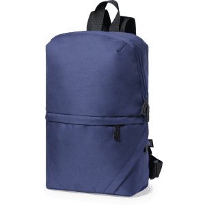 A navy blue backpack with a sleek design, featuring a front zipper pocket and shoulder straps. It has a logo.