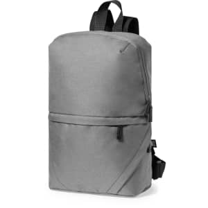 A grey backpack with a sleek design, featuring a front zip pocket and adjustable straps. It has a logo on the side.