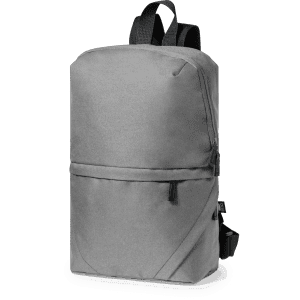 A grey backpack featuring a sleek design, adjustable straps, and a logo. Ideal for everyday use.