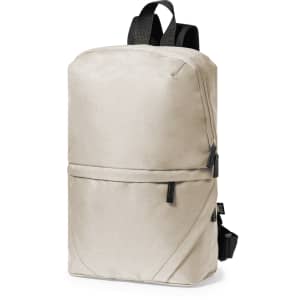 A beige backpack with adjustable straps, featuring a zippered front pocket and a logo.