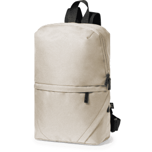 A beige Bronul Backpack with a minimalist design, featuring zippers and a logo on the front.