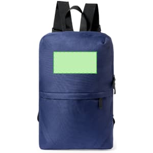 A navy blue backpack with adjustable straps and a front pocket, featuring a blank area for branding.