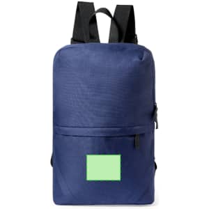 A navy blue backpack with a front pocket and adjustable black straps, featuring a branding logo.