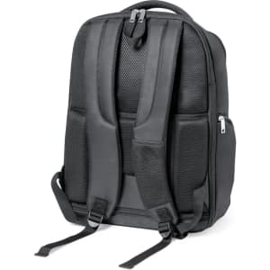A black backpack featuring padded shoulder straps and mesh back support, with several zippered compartments and a logo.