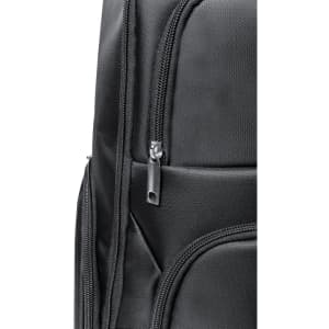 A close-up of a black backpack featuring zippers and textured fabric, with a visible logo.