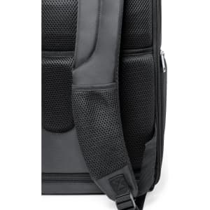 A black backpack featuring a padded, mesh shoulder strap for comfort and support, with a zipper closure.