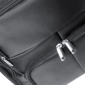 A black backpack featuring zippered compartments and a textured fabric design. Includes branding on the exterior.
