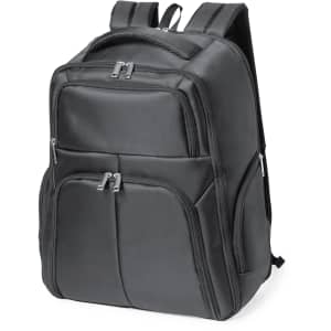 A black Mauroz backpack featuring multiple zippered compartments and padded shoulder straps. It has a logo on the front.
