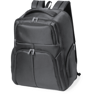 A black backpack with multiple zipped compartments and adjustable straps, featuring a logo.