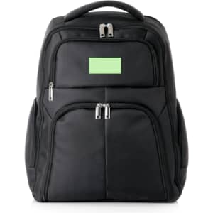 A black Mauroz backpack with multiple pockets and a logo on the front. Features dual zippers and a sturdy handle.