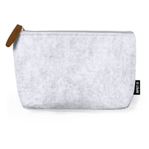 A grey multipurpose bag with a leather pull tab and a logo tag, featuring a zip closure.