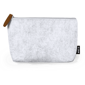 A grey felt multipurpose bag with a zip closure and a small leather tag, featuring a branding label.