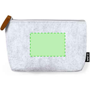 A grey multipurpose bag with a zip closure and a blank green area for customisation. It features a logo on the side.
