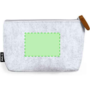 A grey felt multipurpose bag with a zipper and a branding logo visible. It features a blank area for custom designs.