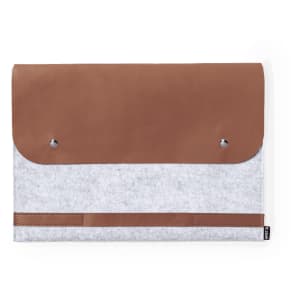 A laptop pouch featuring a grey felt body and a brown leather flap, with a logo on the side and snap closures.
