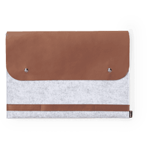 A laptop pouch featuring grey felt material with a brown leather flap and a subtle logo.
