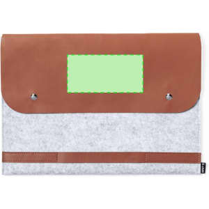 A grey and brown laptop pouch featuring a leather flap and a logo. The design is simple and sleek.