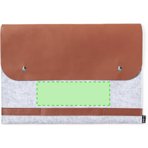A laptop pouch featuring a grey felt body and brown leather flap, complete with a branding logo and a blank section.