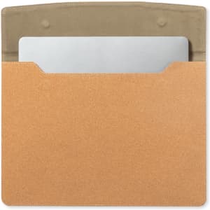 A sleek brown laptop pouch with a cream interior, holding a silver laptop, featuring a subtle branding logo.