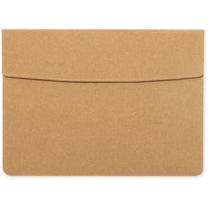 A laptop pouch in a tan colour with a sleek design and an envelope-style flap. It features a subtle logo.