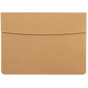 A laptop pouch in a warm tan colour, featuring a simple design and a flap closure. It has a logo.