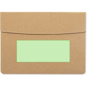 A beige laptop pouch featuring a green rectangular area and a logo, designed for carrying devices.