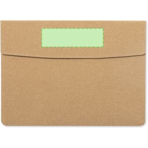 A tan laptop pouch with a flap closure and a green blank area, featuring a branding logo.