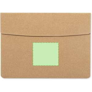 A tan laptop pouch with a stitched green square on the front. It features an envelope-style flap and has a logo.